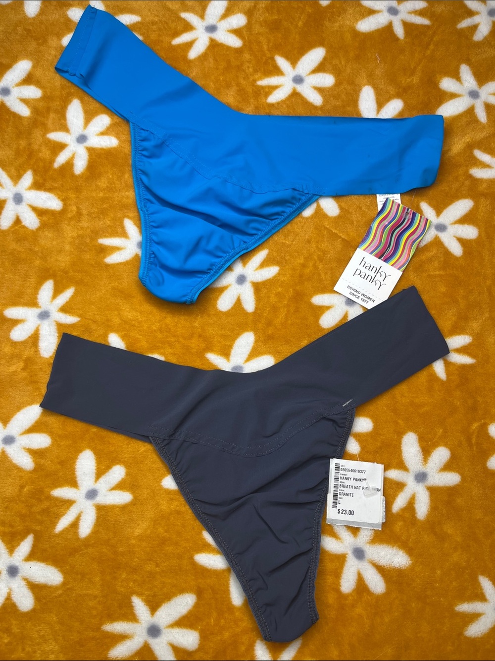 2 Pair NWT Hanky Panky Bright Blue and Charcoal BreatheSoft Natural Rise Thongs